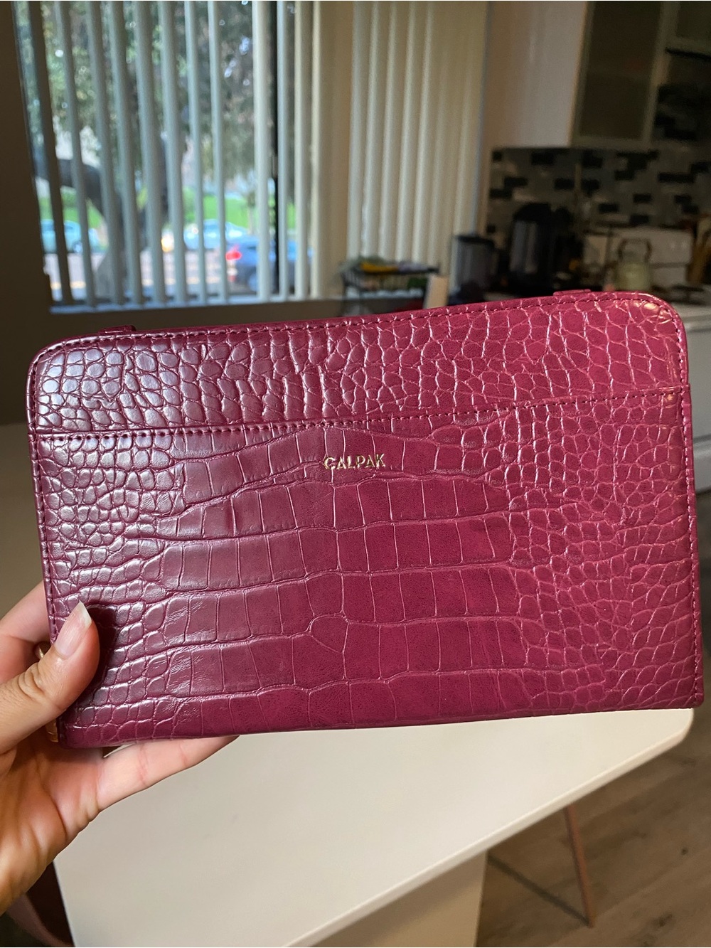 Croc-Embossed Zip Wallet Clutch in Berry